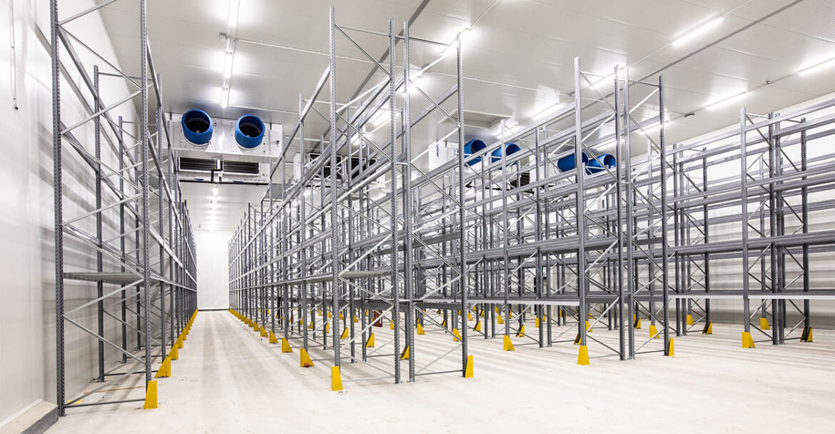 Effizient geplantes Kühllager mit Hochregalen und leistungsstarker Kältetechnik für Industrie und Lebensmittel-Logistik.
