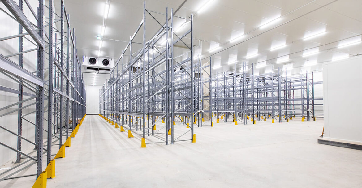 Professioneller Kühlraum mit großzügigen Lagerflächen und robustem Regalsystem für temperaturgeführte Logistikprozesse.
